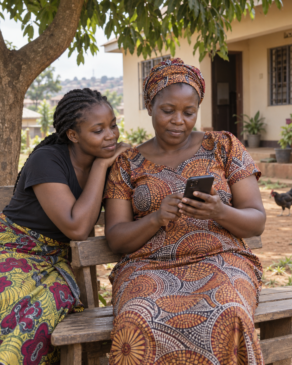 Two women sit on a wooden bench outside a house, one checking her phone while the other looks on.