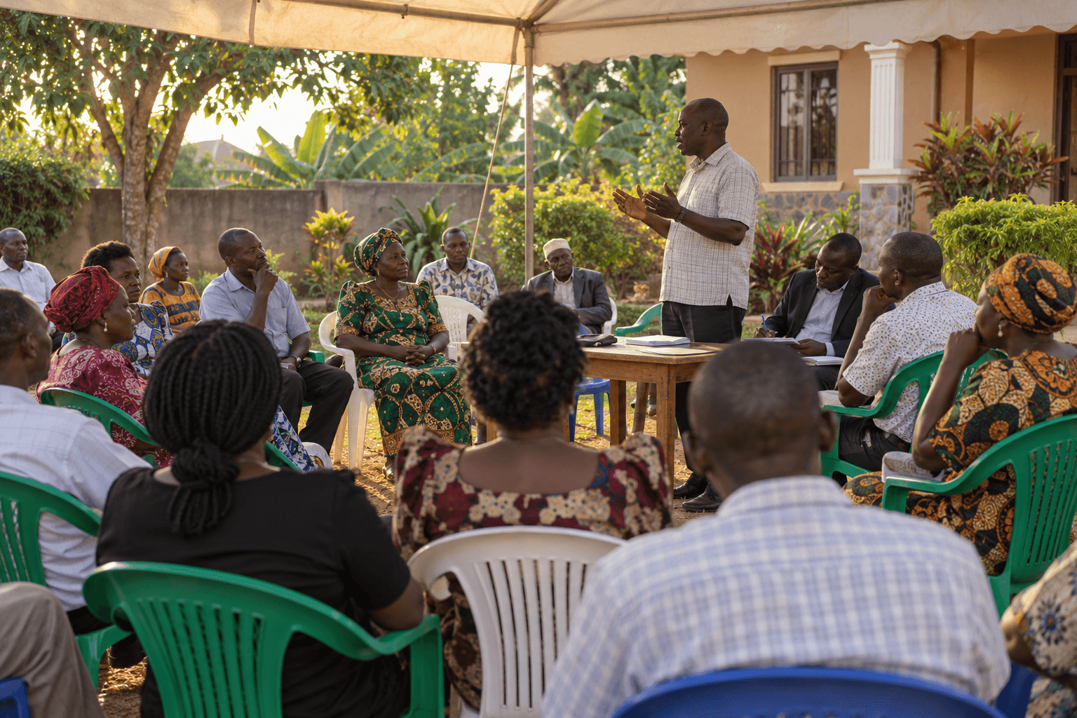 Family and neighbours on plastic chairs under a tent in a compound, listening to a man speak at a meeting.